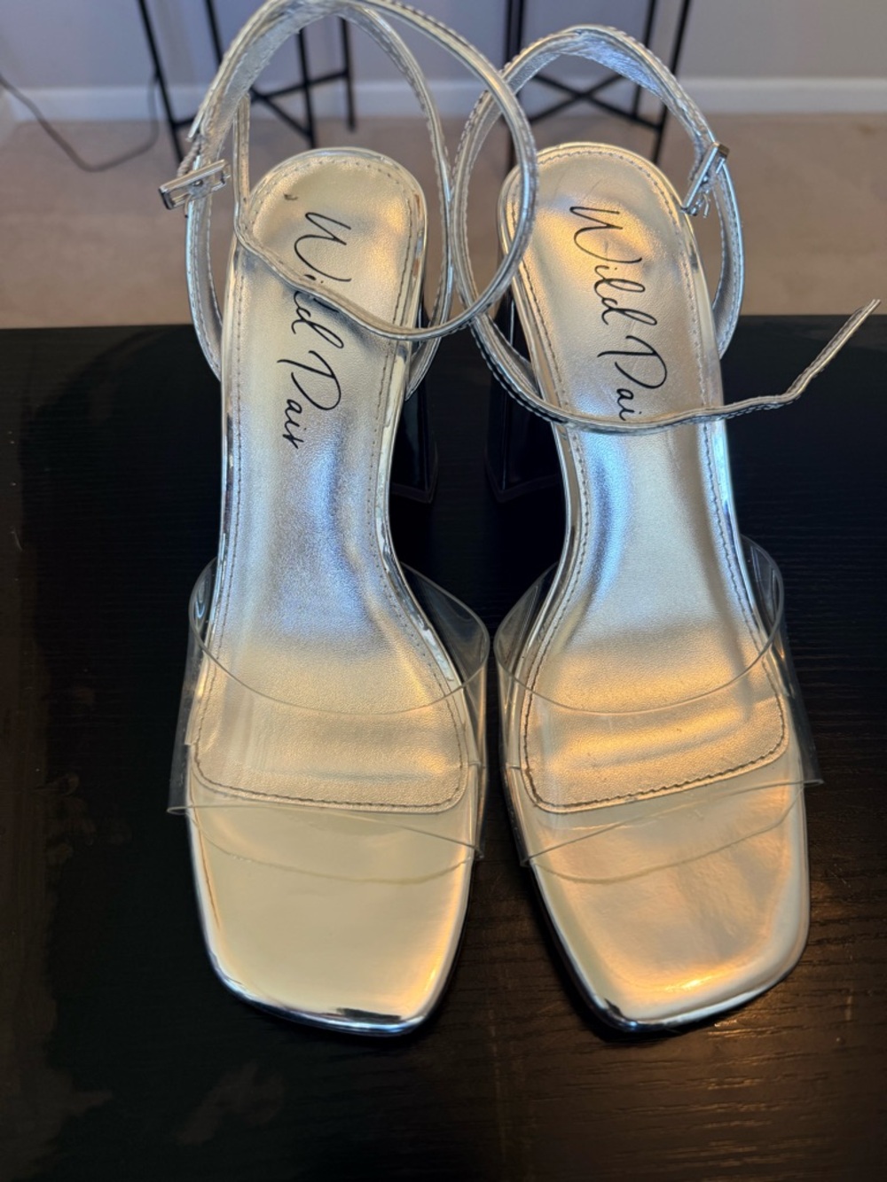 Wild Pair Silver Metallic Ankle-Strap Block Heels with Clear Toe Band